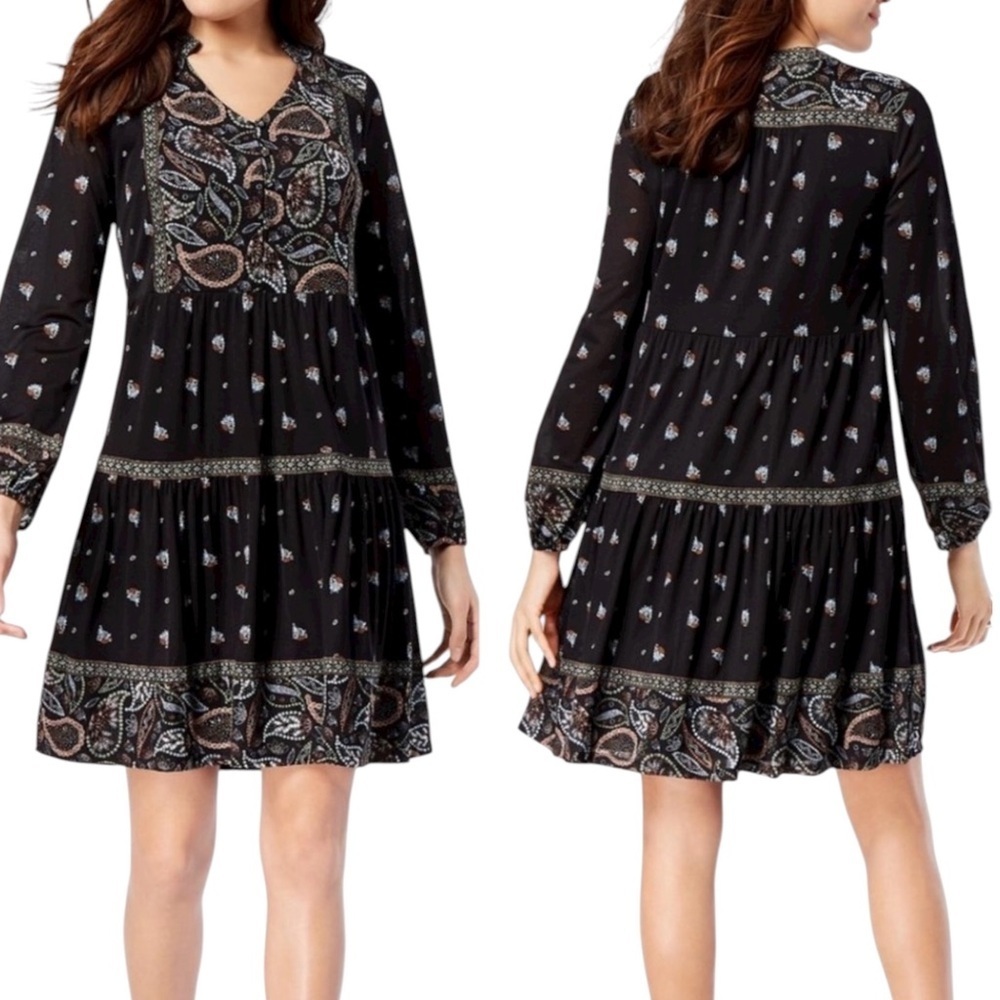 Style & Co Boho Paisley Tiered Long Sleeve Dress Sz L